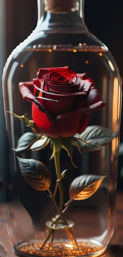 Red rose in a glass bottle with soft glowing background.