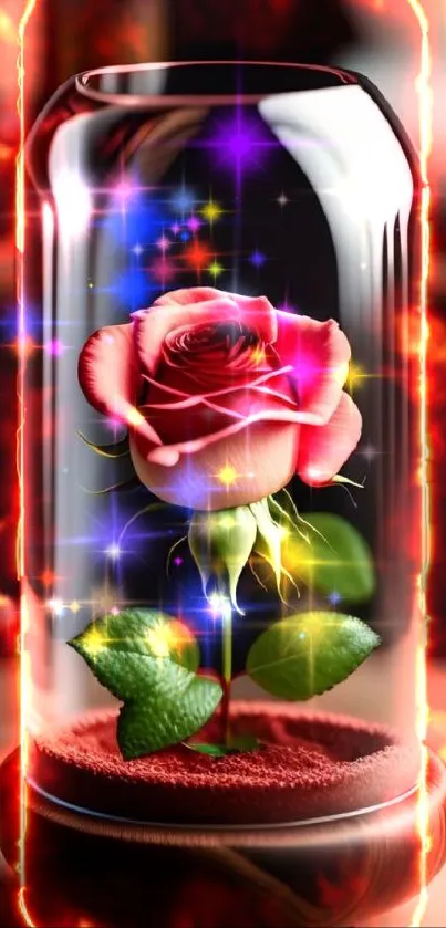 Red rose in glass dome on wooden base wallpaper.