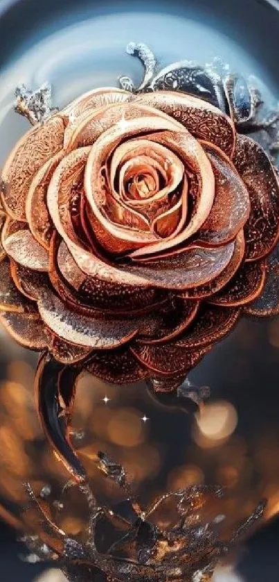 Elegant copper rose encased in a glass globe, luxurious mobile wallpaper.