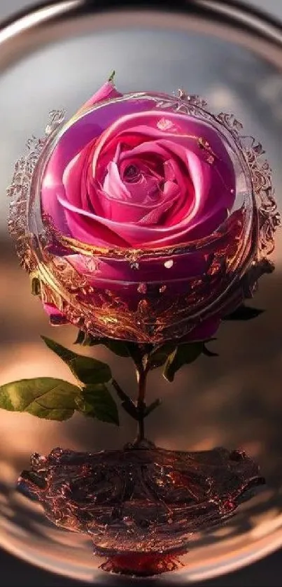 Elegant pink rose in a glass orb with a soft-focus background.