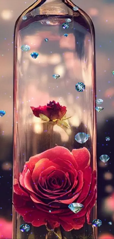 Rose enclosed in glass vase with a dreamy, blurred background.