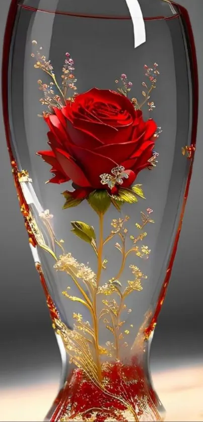 A beautiful red rose in a glass vase with gold accents on a digital wallpaper.