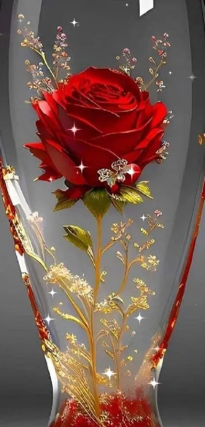 A vibrant red rose encased in an artful glass vase wallpaper.