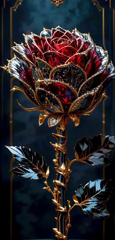Elegant red rose with gold accents and frame.