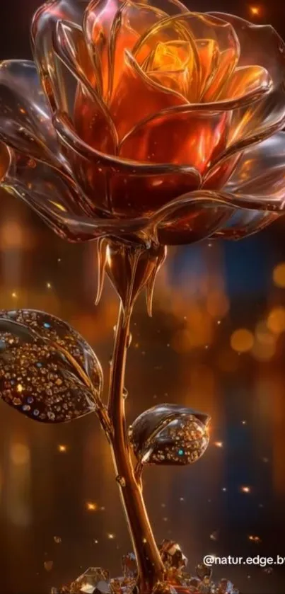 A glowing rose with golden hues and intricate petals.