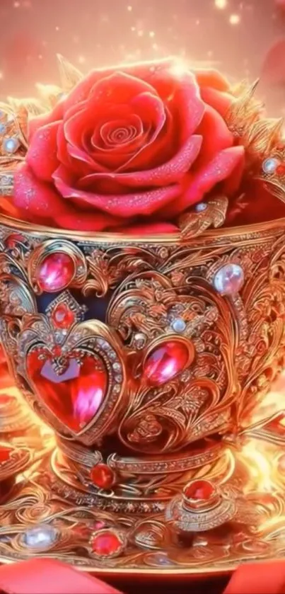 Elegant rose in an ornate teacup with intricate gold design.