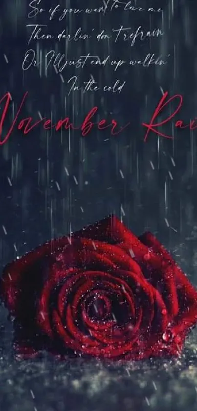 A deep red rose in the rain, set against a dark blue background for mobile wallpaper.