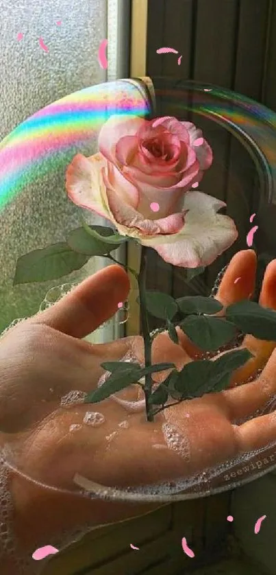 A rose encapsulated in a soap bubble resting on an open hand, near a window.