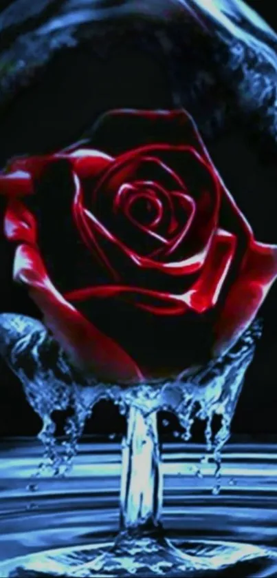 Red rose emerging from water splash against a black background.