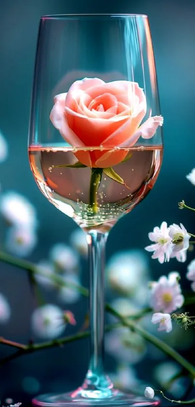 Elegant pink rose submerged in a wine glass with white blossoms surrounding.