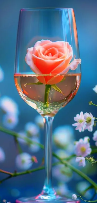 A rose submerged in wine glass with flowers.