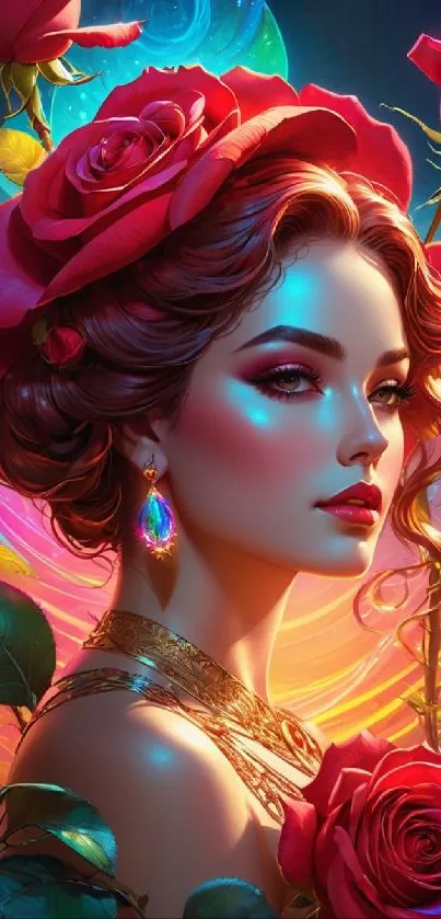 Elegant lady with roses in vibrant digital art.