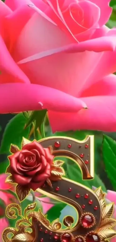 Pink rose with decorative letter S wallpaper.