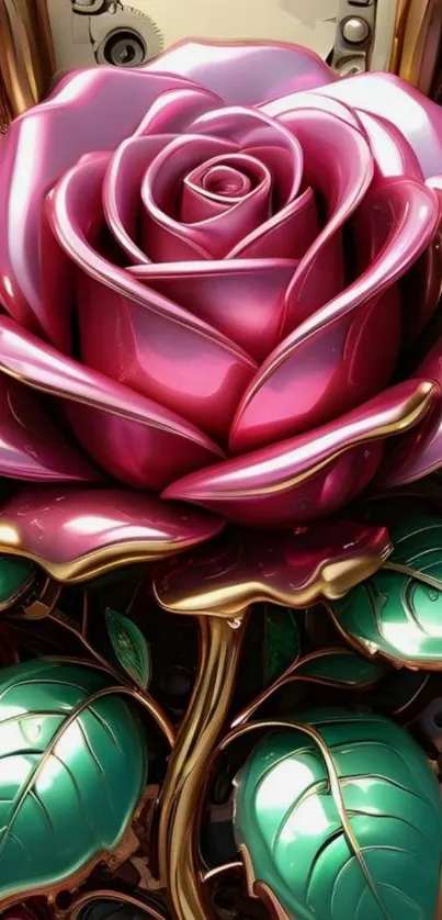 Metallic rose with green leaves wallpaper.