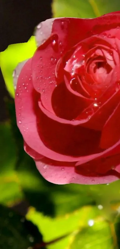 Dew-kissed red rose with lush green leaves.