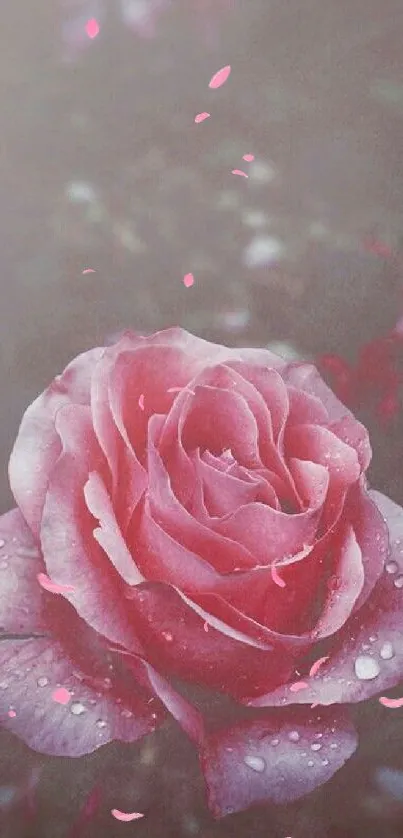 Elegant pink rose with dewdrops on petals, set against a soft blurred background.