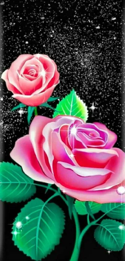 Elegant mobile wallpaper with pink roses on a black background.