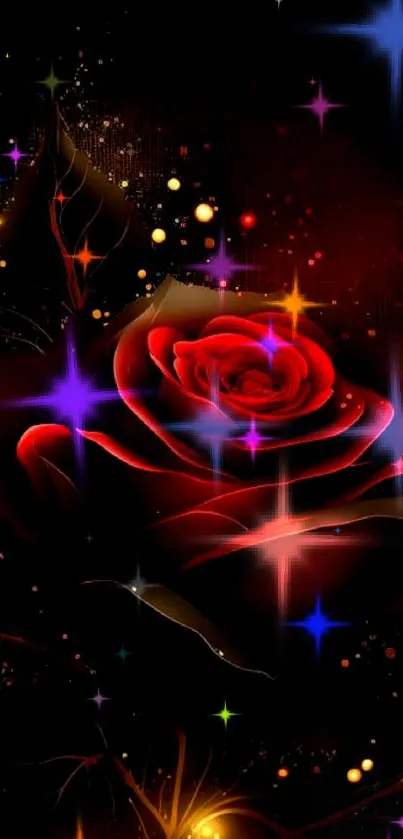 Elegant red rose on dark background with golden sparkles.