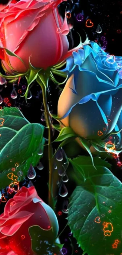 Elegant mobile wallpaper with vibrant blue and red roses adorned with water droplets.