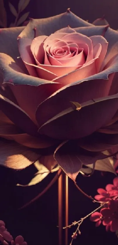 Elegant pink rose blooming in serene nature setting.