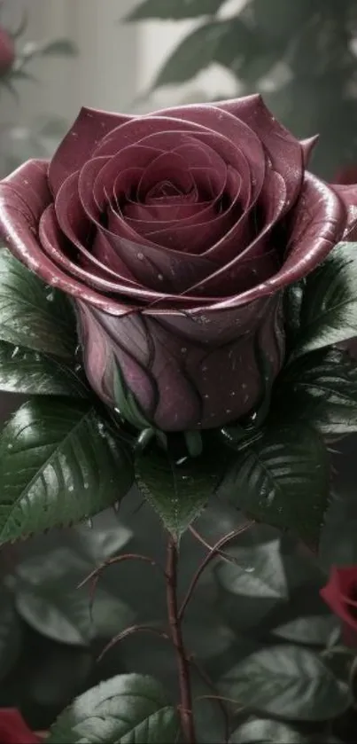 Detailed purple rose with green leaves, perfect for mobile wallpaper.