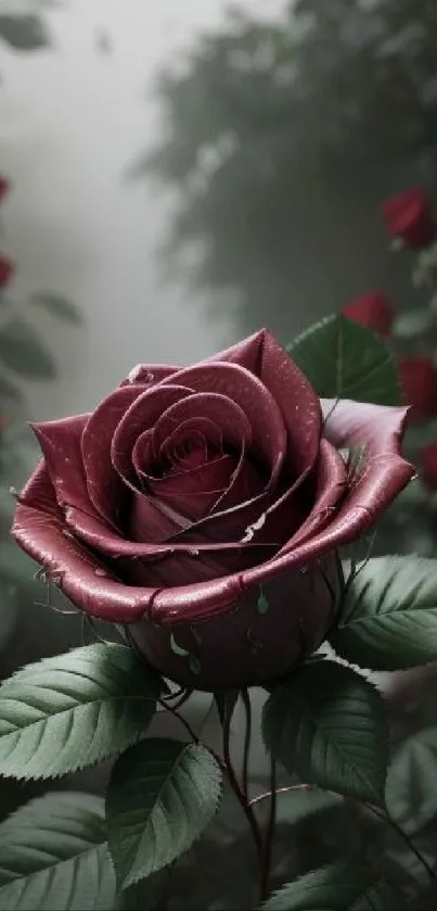 Burgundy rose with green leaves in a misty background.