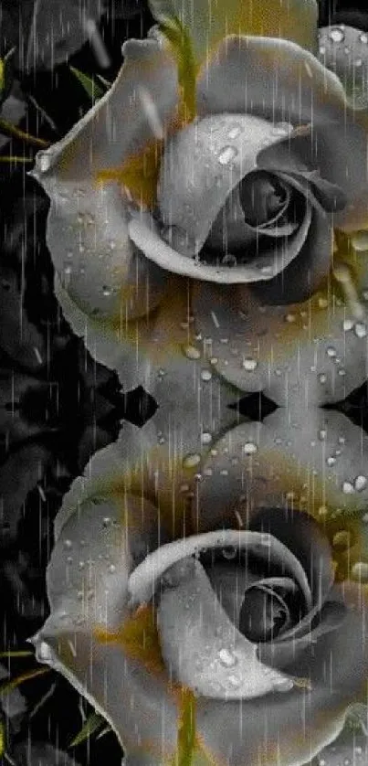 Elegant gray rose with raindrops wallpaper design.