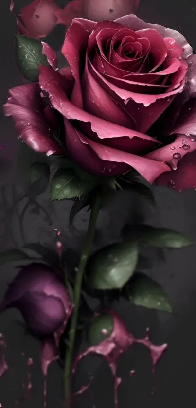 Elegant dark pink rose with dewdrops on a black background.