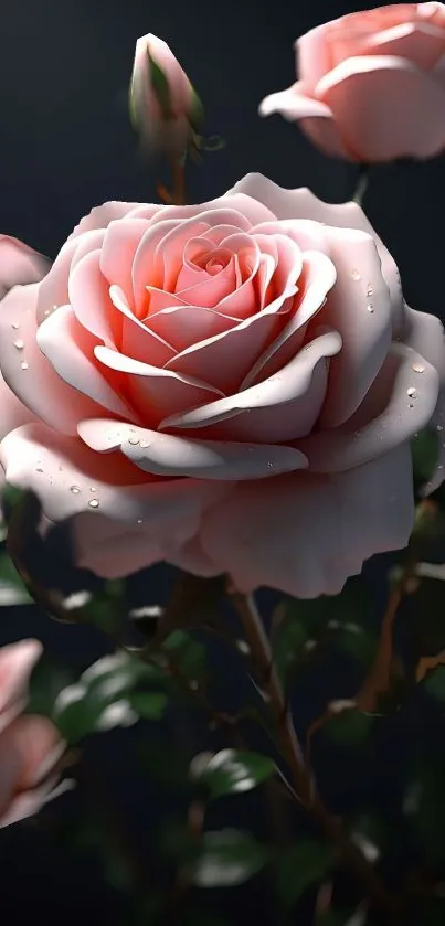 Elegant pink rose with dewdrops on a dark background.