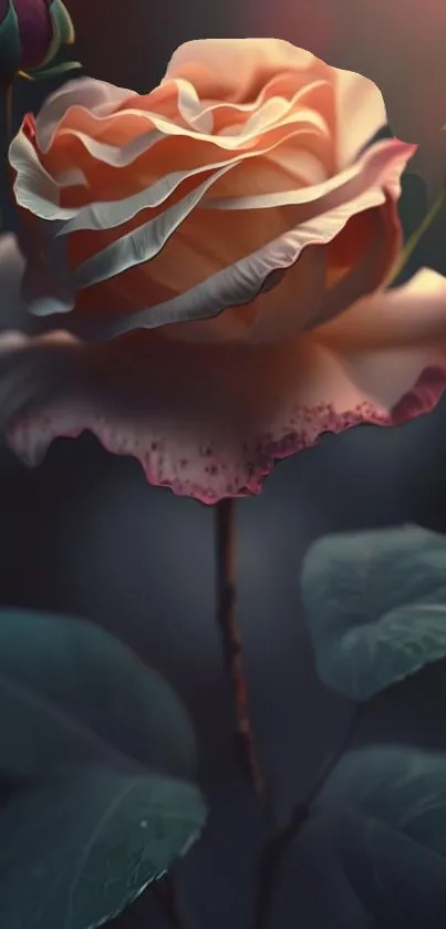 A blooming rose with delicate petals and soft shadows on a dark background.