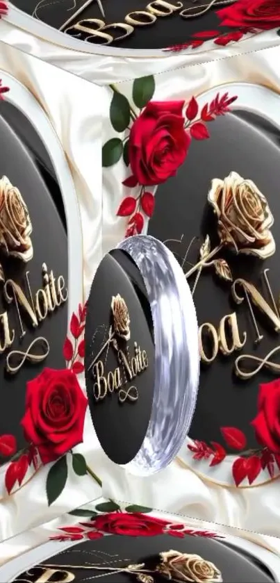 Elegant night wallpaper with red roses and golden text