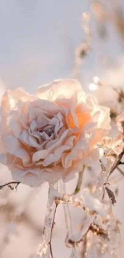 Elegant rose on branch with soft peach hues in serene setting.