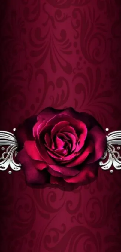 Elegant burgundy wallpaper with a vibrant rose and intricate patterns.