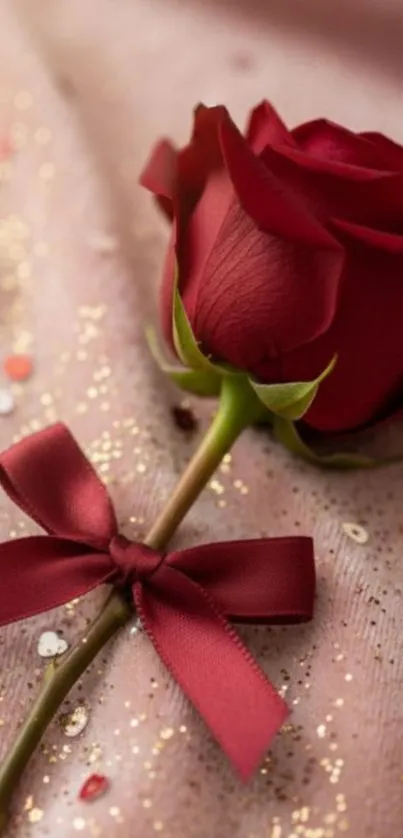 Red rose on a glittery pink fabric with ribbon.