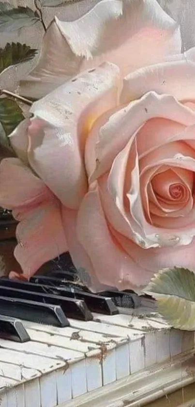 Delicate pink rose rests on piano keys.