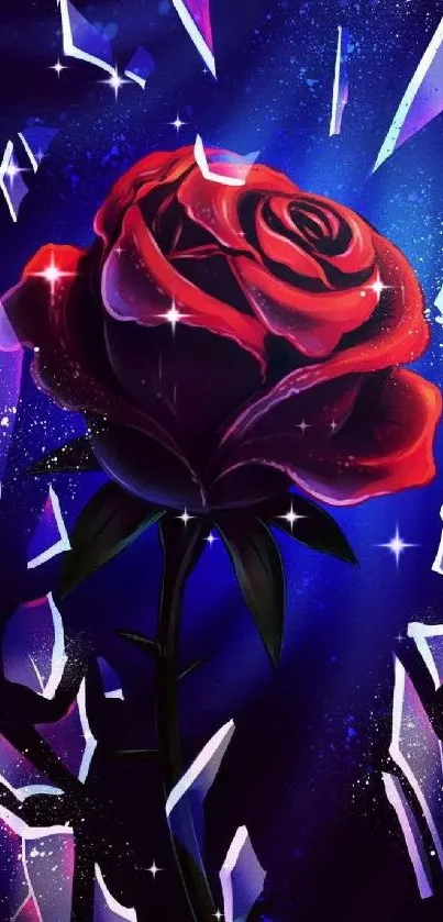 Elegant red rose with glass shards on a starry night background.