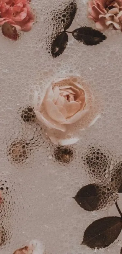 Mobile wallpaper with pink roses and soap bubbles in a vintage style.