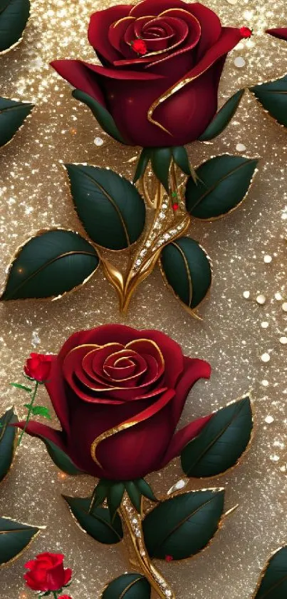 Elegant red roses on a golden background.