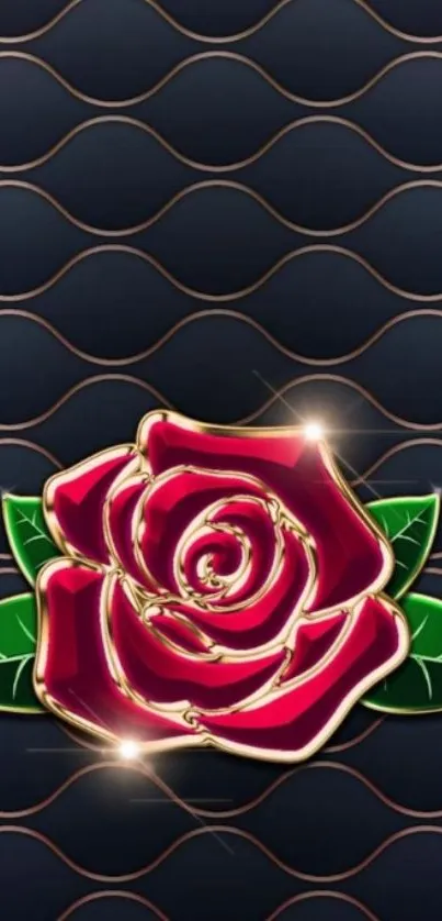 Elegant wallpaper with a red rose on a black background and golden waves.