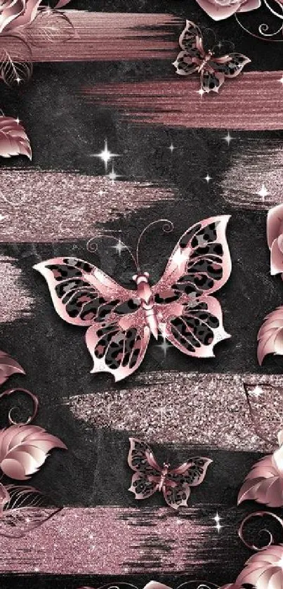 Rose pink butterfly and floral wallpaper design with dark accents.