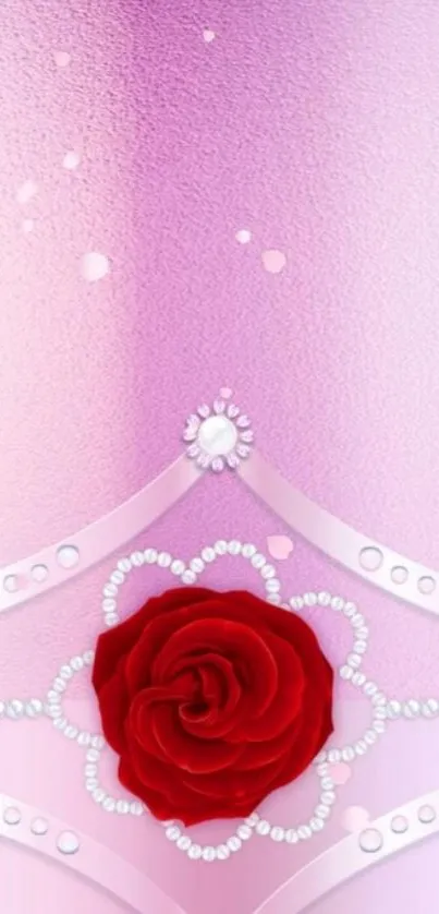 Elegant pink wallpaper with a red rose and pearl accents.