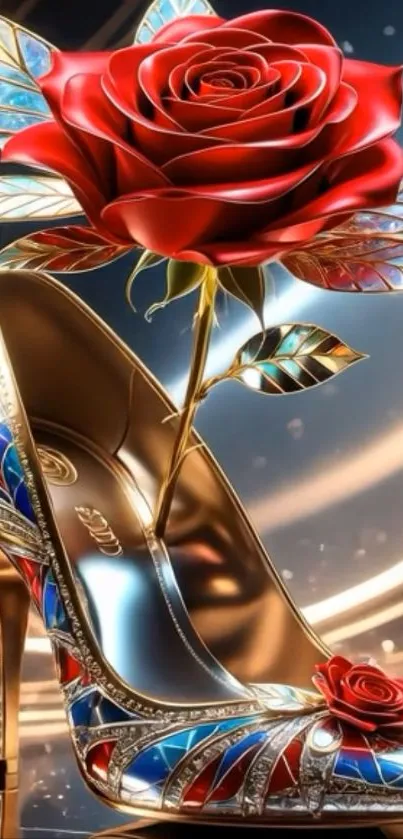 A stunning stiletto adorned with a red rose and artistic design.