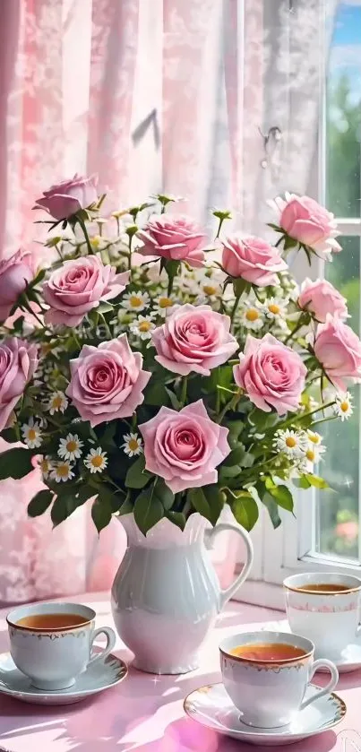 Elegant mobile wallpaper with pink roses and tea set by a sunlit window.