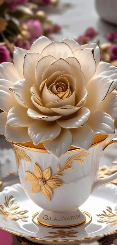 Elegant rose blooming from a porcelain teacup with gold accents.