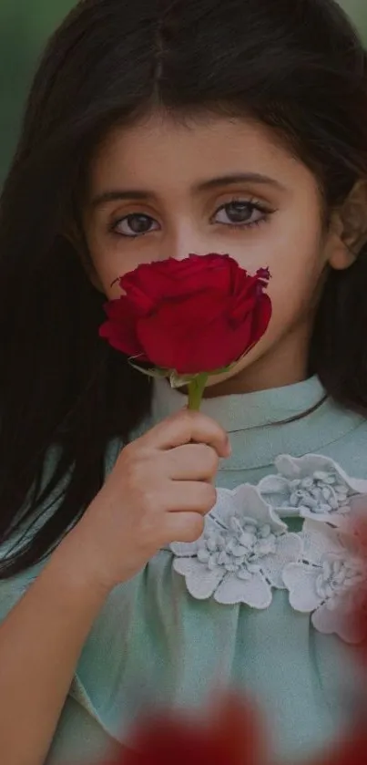 Girl with red rose in elegant wallpaper.