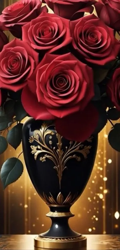 Elegant black vase with red roses and gold accents.