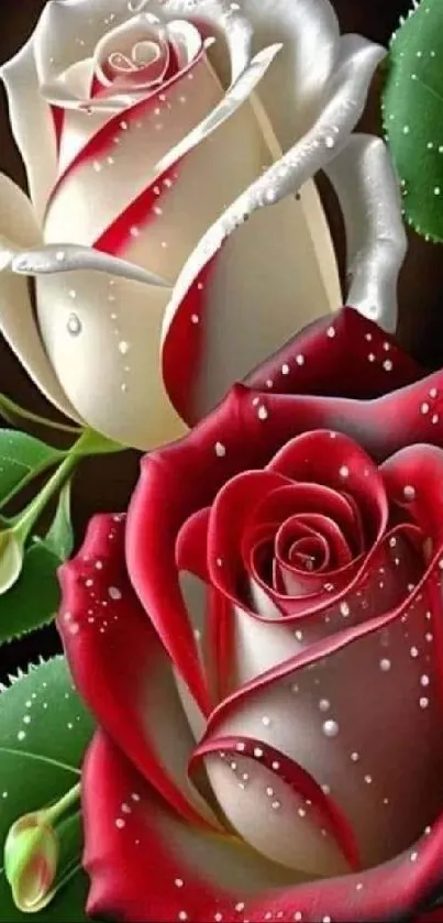 Elegant red and white roses wallpaper with green leaves for mobile.