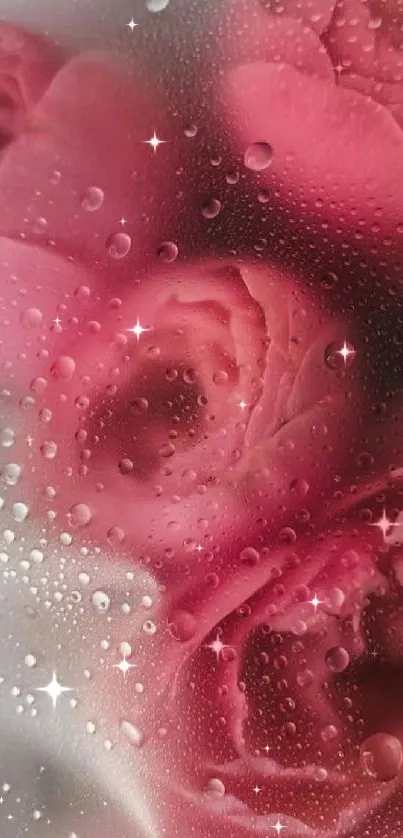 Pink roses with water droplets on a mobile wallpaper.