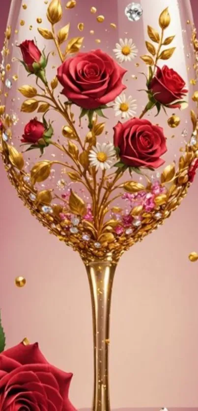 Ornate wine glass with red roses and gold accents mobile wallpaper.
