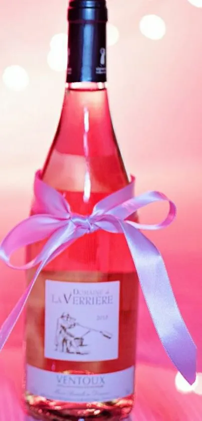 Rose wine bottle with pink ribbon, elegant and soft ambiance.